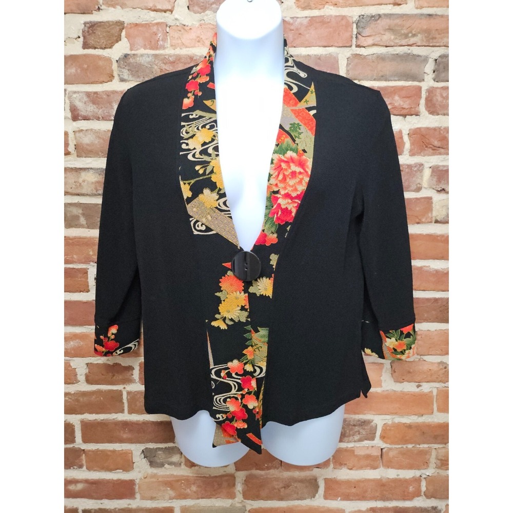 Soft Surroundings Kimono Jacket Womens M Black Floral 3/4 Sleeve Single‎ Button